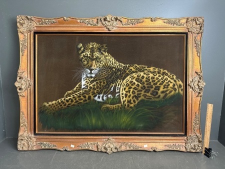 Leopard painting on fabric signed W.S Chang in carved frame