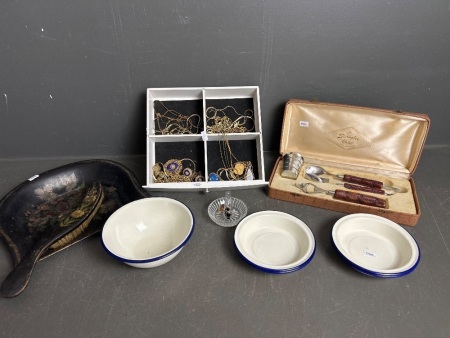 Assorted lot inc costume jewellery, enamelled pans, boxed bar set and vintage dustpan & brush