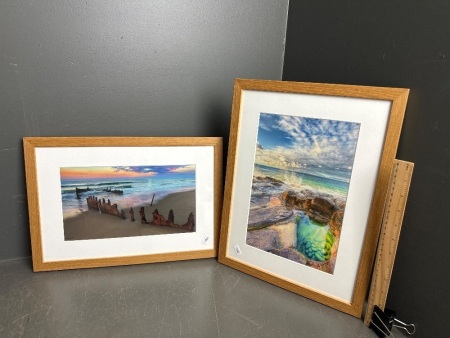 2 Adam Gromley framed photographs - Emerald Pools (Noosa National Park) and SS Dicky Moonrise (Dicky Beach)