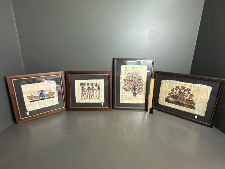 4 framed hand-made Egyptian papyrus paintings