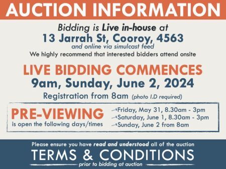 AUCTION INFORMATION: Bidding is live at 13 Jarrah St, Cooroy, 4563 & online via web feed (simulcast) - It is recommended that interested bidders attend the auction onsite | BIDDING COMMENCES: 9am, Sunday, June 2, 2024, Registration from 8am (photo I.D req