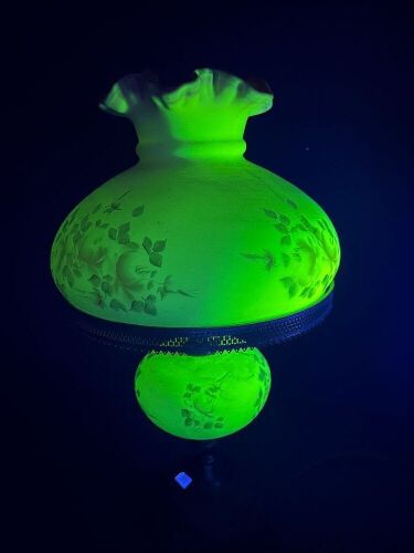 Fenton Uranium Glass Burmese Rose Lamp on brass base - converted to electric - black light not included ($15)