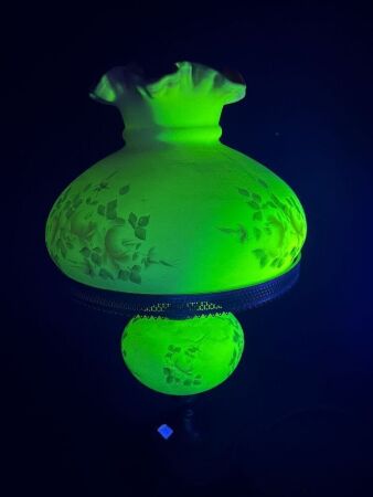 Fenton Uranium Glass Burmese Rose Lamp on brass base - converted to electric - black light not included ($15)