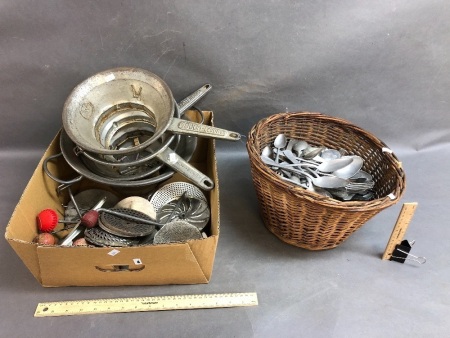 Large Assortment of French Cutlery, mainly Alluminium, + Kitchen Graters/Moulis