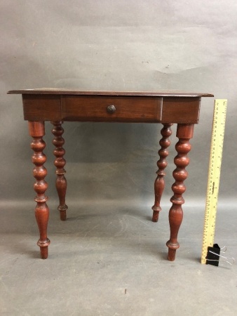 Small Vintage French Mahogany Side Table on Bobbin Turned Legs with Single Drawer
