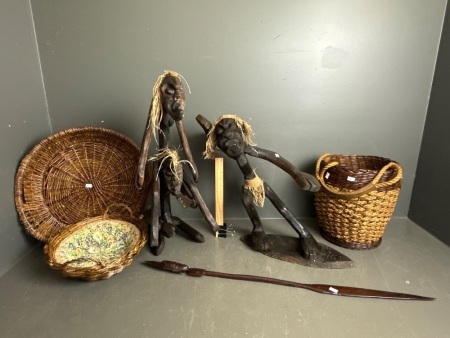 2 Wooden Tribal Statues, Tribal Spear & 3 Cane Baskets