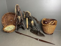 2 Wooden Tribal Statues, Tribal Spear & 3 Cane Baskets - 2