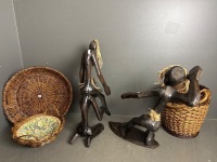 2 Wooden Tribal Statues, Tribal Spear & 3 Cane Baskets - 4