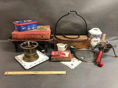 Collection of Vintage French Items inc. Iron Pot Hanger, Spirit Stove Etc.