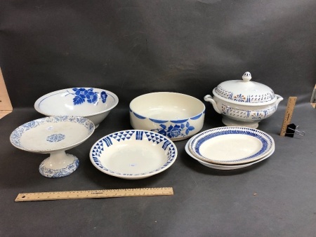 Collection of Large Pieces of French Blue & White Ceramics inc. Tureeen & Washbowl