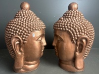 2 x Large Solid Resin Bronzed Buddha Heads - 2