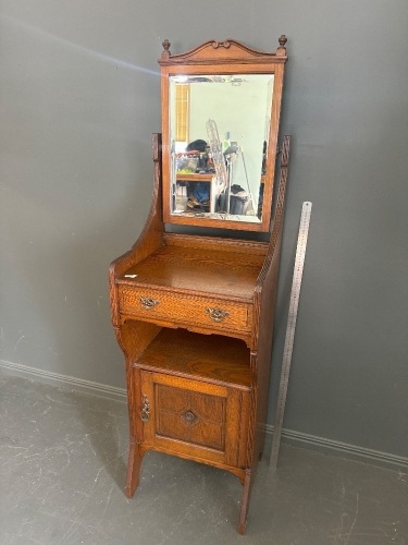 Antique Victorian Oak Washstand with Mirror, Drawer & Cupboard