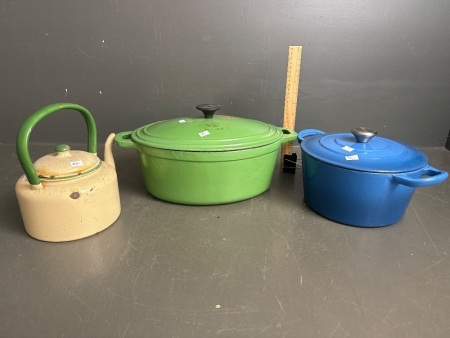 Two Large Cast Iron Cassorole Dishes and Kettle