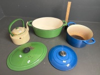 Two Large Cast Iron Cassorole Dishes and Kettle - 2