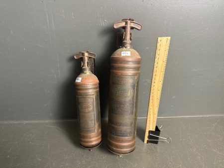 2 x Antique Pyrene Fire Extinguishers 1 Junior Pyrene London England