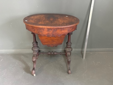 Antique Oval Sewing Table with contents on castors