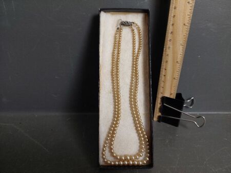 Antique 2 Strand Pearl Necklace with Impressed "Sterling Silver" Mark on Diamonte Clasp c 1880's