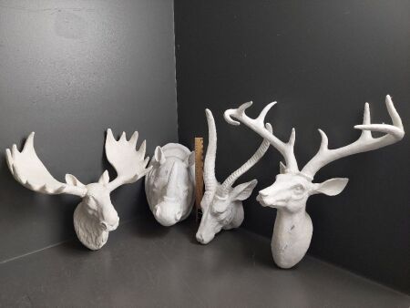 Four Resin Animal Wall Hangings - Deer, Moose, Ram & Rhino