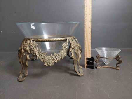 2 Glass Bowls on Brass Stands