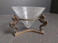 2 Glass Bowls on Brass Stands - 2