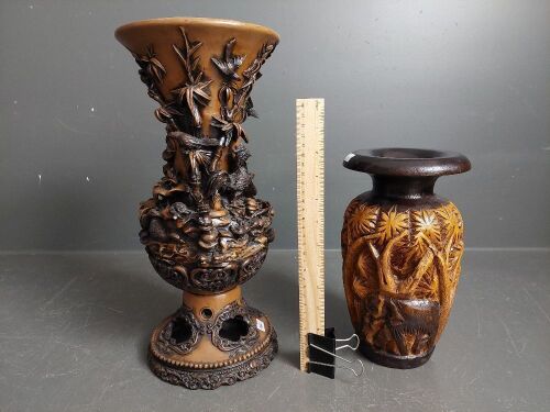 2 Detailed Carved Vases - 1 Wooden 1 Ceramic