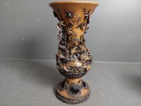 2 Detailed Carved Vases - 1 Wooden 1 Ceramic - 3