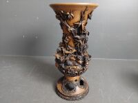 2 Detailed Carved Vases - 1 Wooden 1 Ceramic - 4