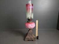 Antique Pink Ceramic & Cast Kerosene Lamp with Pink & Yellow Glass 