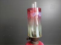 Antique Pink Ceramic & Cast Kerosene Lamp with Pink & Yellow Glass  - 4