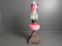 Antique Pink Ceramic & Cast Kerosene Lamp with Pink & Yellow Glass  - 5