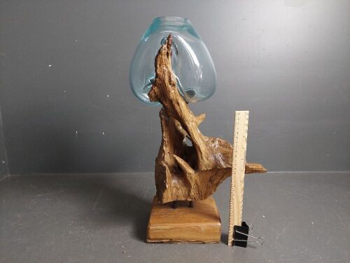 Wood Root Sculpture with Heavy Blown Glass Bowl- 460