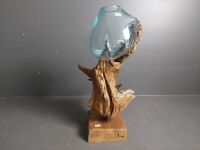 Wood Root Sculpture with Heavy Blown Glass Bowl- 460 - 4