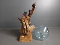 Wood Root Sculpture with Heavy Blown Glass Bowl- 460 - 5