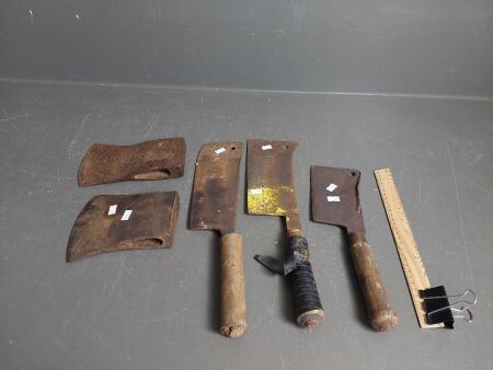 3x vintage meat cleavers + 2 axe heads