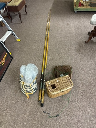 Two Large Beach Fishing Rods with Casting Net, Kreel Basket & Crab Nets