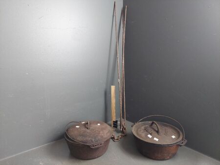 2x cast iron camp ovens and collapsable hanging tripod- WKM camp oven with Furphy no92 lid and other unmarked