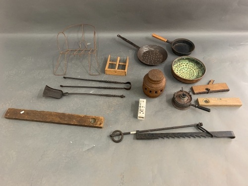 Collection of Interesting Vintage French Items inc, Iron Pot Hanger, Copper Pans, Bike Seat, Tools Etc