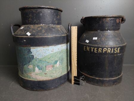 2 painted cream/milk cans - Saxon, Enterprise with brass name plaque