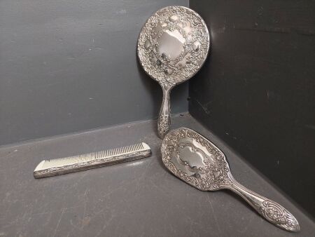 Silver Plated 3 Piece Vanity Kit Vintage w. Embossed Floral Details