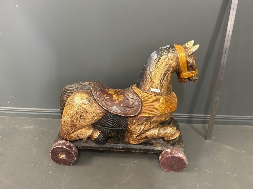 1950s Wooden Horse Pull on Wheels Hand Made Gold in Colour