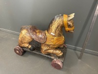 1950s Wooden Horse Pull on Wheels Hand Made Gold in Colour - 2