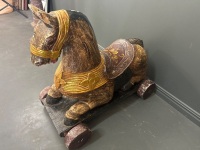 1950s Wooden Horse Pull on Wheels Hand Made Gold in Colour - 4