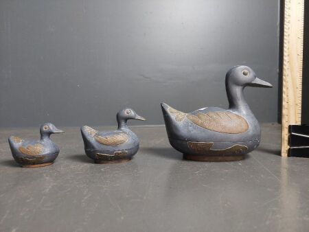 Pewter & Brass Ducks in a Row Trinket Boxes Heavy Vintage