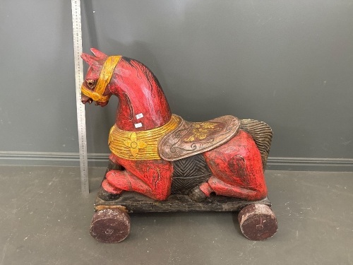 1950s Wooden Horse Pull on Wheels Hand Made Red in Colour