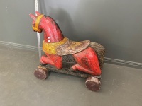 1950s Wooden Horse Pull on Wheels Hand Made Red in Colour - 2