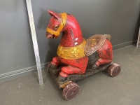 1950s Wooden Horse Pull on Wheels Hand Made Red in Colour - 3