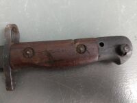 Australian Own gun sword bayonet and leather/metal scabbard - marked - numbered 2857 - 17in blade - 2