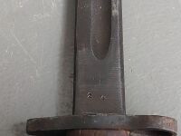 Australian Own gun sword bayonet and leather/metal scabbard - marked - numbered 2857 - 17in blade - 3