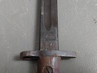 Australian Own gun sword bayonet and leather/metal scabbard - marked - numbered 2857 - 17in blade - 4