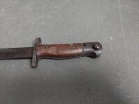 Australian Own gun sword bayonet and leather/metal scabbard - marked - numbered 2857 - 17in blade - 8